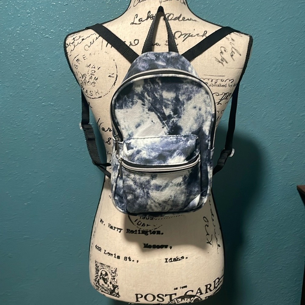 Mini tie-dye fabric backpack- blue & white zippered top closure & pocket